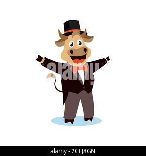Niedliche Cartoon-Stier in einem Frack auf einem weißen isolierten Hintergrund. Vektorgrafik mit dem Symbol des chinesischen Neujahrs 2021 Stock Vektor