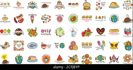 Bündel von fünfzig Welt Essen Tag Feier Buchstaben flach Stil Symbole Vektor Illustration Design Stock Vektor