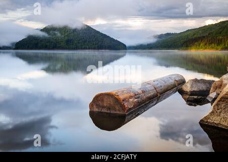 Spiegelglattes Wasser des karpaten-Zetelaka-Sees. Wunderschöne Landschaft nach Regen Stockfoto