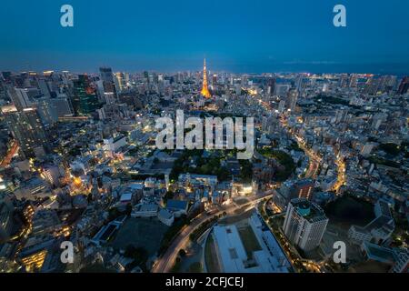 Tokyo Skyline mit Tokyo Tower am Abend Stockfoto