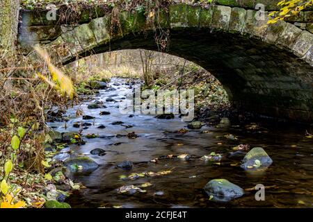 Eine Wasserfallkaskade im Bach, die unter einer alten Steinbrücke im Herbstwald fließt. Stockfoto