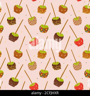Karamell Äpfel nahtlose Muster, verschiedene Toffee Äpfel-on-a-Stick mit verschiedenen Belag mit Karamell Dipping, handgezeichnete Doodle Illustration, Vektor Stock Vektor