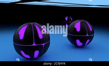 Schwarze futuristische Bälle. Blaues Neon. Neue Technologien. 3D-Rendering Stockfoto