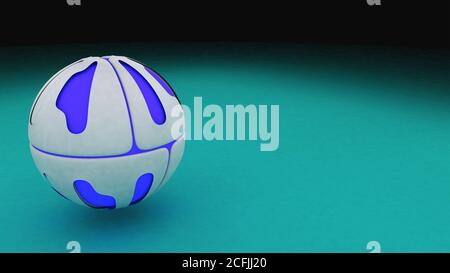 Futuristische weiße Kugel auf dem Boden. Nahaufnahme. Türkisfarbener Hintergrund. 3D-Rendering Stockfoto