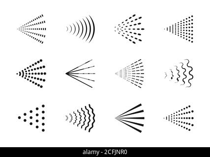 Symbole für Sprühdampf. Vector Reinigung Deodorant gesprüht Linie Icon set, Sprühen Wasser Dampfdüse fließt Vektor-Zeichen Stock Vektor