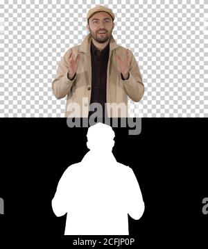 Schöner junger nachdenklicher Mann hat eine wunderbare Idee, Alpha Channel Stockfoto