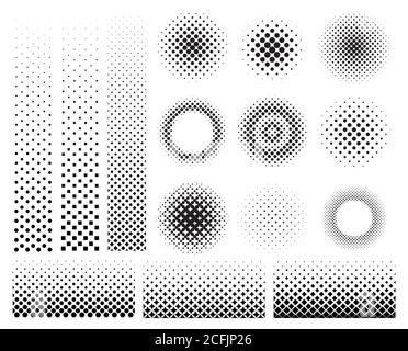 Sammlung von verschiedenen abstrakten Halbton-Art-Elementen. Punkte, Quadrate und Linienmuster enthalten. Stock Vektor