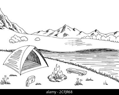 Camping Grafik schwarz weiß Berglandschaft Skizze Illustration Vektor Stock Vektor