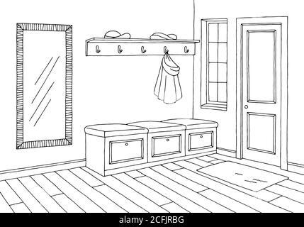 Flur Grafik Zimmer schwarz weiß Interieur Skizze Illustration Vektor Stock Vektor