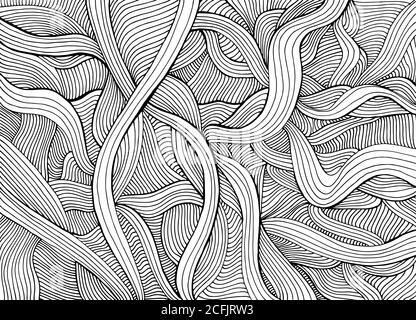 Abstrakte lustige Doodle Stil mit vielen komplizierten Wellen Färbung Seite. Stock Vektor