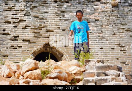 (200906) -- TANGSHAN, 6. September 2020 (Xinhua) -- Li Dewang patrouilliert die Xuliukou große Mauer im Dorf Xuliukou in der Stadt Qian'an, nordchinesische Provinz Hebei, 4. September 2020. Li Dewang, 63, ist ein Dorfbewohner aus Xuliukou, wo sich ein Teil der chinesischen Mauer befindet, der aus der Ming-Dynastie (1368-1644) stammt. Seit 2008 ist der 63-Jährige Schutzherr der Großen Mauer und ist für den Schutz eines fast drei Kilometer langen Abschnitts zuständig. In den letzten 12 Jahren patrouillierte er fast jeden Tag auf der Großen Mauer, räumte Müll und Unkraut und erinnerte Touristen und Hirten daran Stockfoto