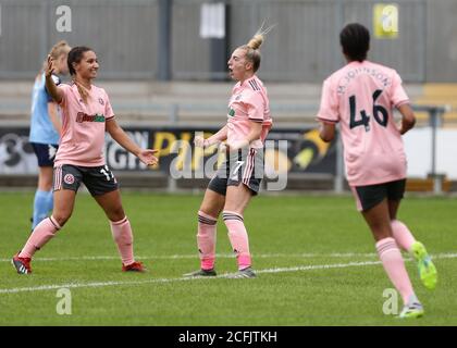 Dartford, Großbritannien. September 2020. Jade Pennock von Sheffield United Women feiert das erste Tor ihres Teams beim FA Women's Championship Match London City Lionesses gegen Sheffield United Women. Jacques Feeney/SPP Kredit: SPP Sport Pressefoto. /Alamy Live Nachrichten Stockfoto