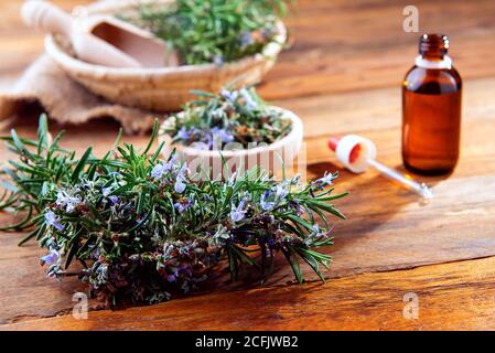 Frisch gepflückten Rosmarin auf einem Holztisch mit ätherischem Öl Stockfoto