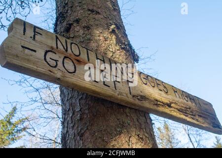 Holzbrett mit einem "Wenn nichts richtig geht - gehen Left' Zitat darauf auf einem Baum Stockfoto