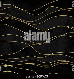 Aquarell Luxus Welle Gold und schwarzem Hintergrund. Aquarell handgezeichnete Wellen Illustration mit goldenen Wellenlinien. Banner Rahmen Hintergrund Splash desig Stockfoto