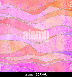 Aquarell transparent Welle Grunge bunten Hintergrund. Aquarell handbemalte Wellen Illustration mit goldenen Konturlinien. Banner Frame Backdrop spl Stockfoto