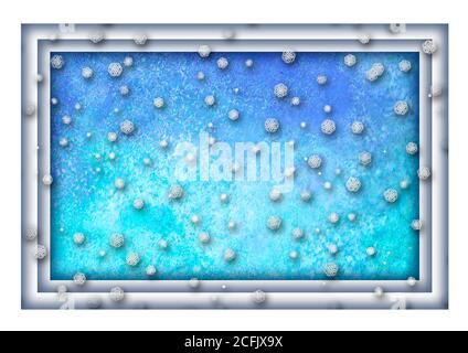 Frohes neues Jahr und Frohe weihnachten Design. Aquarell handgezeichnete Schneeflocken auf türkisblauem blauem blauem Hintergrund für Banner, Poster, Grußkarte. Papier Stockfoto