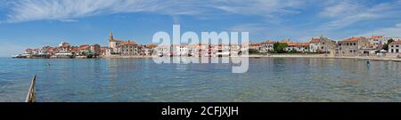 Panoramablick, Strand, Umag, Istrien, Kroatien Stockfoto