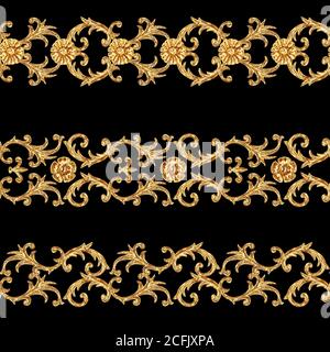 Barock Stil goldene Ziersegmente nahtlose Muster. Handgezeichneter Goldrahmen mit Rollen, Blättern und Elementen auf schwarzem Hintergrund. Vintage Stockfoto