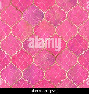 Aquarell abstrakt geometrisch Nahtloses Muster. Vintage dekorative marokkanische Textur mit Goldlinie. Aquarell von Hand gezeichnet hell magenta rosa golden Stockfoto