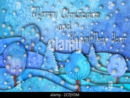 Frohes neues Jahr und Frohe weihnachten Design. Aquarell handgezeichnete Hügel, Bäume, Schneeflocken auf lila blauem blauem blauem blauem Hintergrund mit Schriftzug für Banner, p Stockfoto