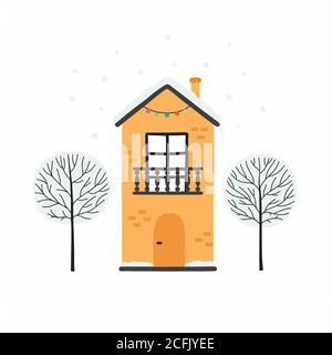 Winter Stadtlandschaft Karte mit Häusern und Bäumen. Stock Vektor