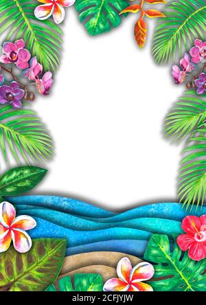 Abstrakt Sommer Aquarell Meereswelle, Sandstrand, tropische Pflanzen Hintergrund. Handgezeichnete blaue Papierwellen und Meeresfasten für Banner, Einladung, Poster. Stockfoto
