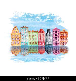 Alte Stadt Illustration mit Aquarell handgemalten alten alten europäischen Häusern und Reflexionen in Wasser auf blau teal Fleck isoliert auf weißem Hintergrund. Wasser Stockfoto