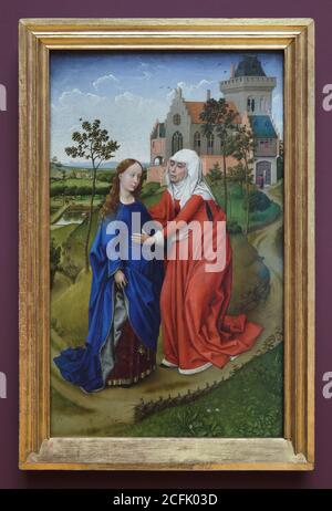 Gemälde 'Visitation' des flämischen Renaissance-Malers Rogier van der Weyden (ca. 1435) ausgestellt im Museum der bildenden Künste in Leipzig, Sachsen. Stockfoto