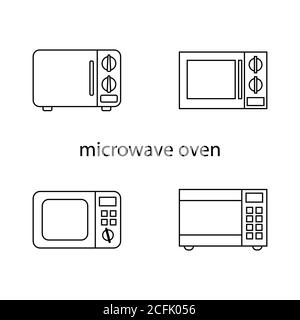 Mikrowelle. Satz von 4 isolierten Vektorgrafiken von Küchengeräten. Umrisse Stock Vektor
