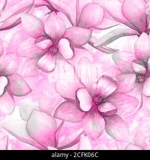 Aquarell schöne Magnolia Blumen nahtlose Muster auf grunge Hintergrund. Aquarell handgezeichnet rosa Frühling elegante botanische Illustration. Drucken Stockfoto