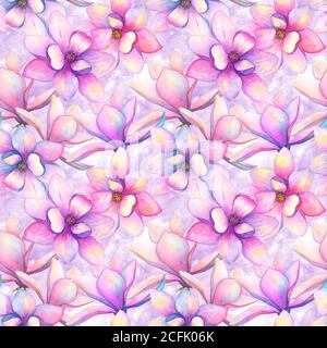 Aquarell schöne Magnolie Blumen nahtlose Muster auf lila Hintergrund. Aquarell handgezeichnet Frühling elegante botanische Illustration. Drucken für t Stockfoto