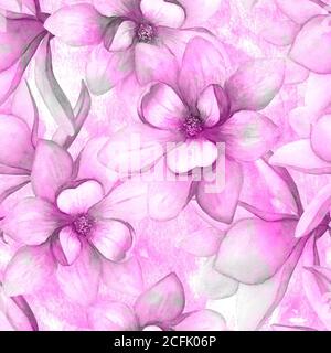 Aquarell schöne Magnolia Blumen nahtlose Muster auf grunge Hintergrund. Aquarell handgezeichnete rosa Magenta botanische Illustration. Für Tex drucken Stockfoto