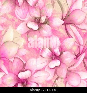 Aquarell schöne Magnolia Blumen nahtlose Muster auf grunge Hintergrund. Aquarell handgezeichnet rosa Frühling elegante botanische Illustration. Drucken Stockfoto