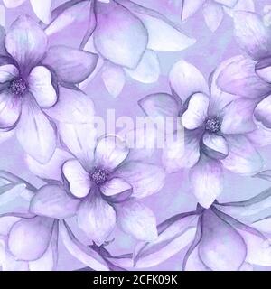 Aquarell schöne Magnolia Blumen nahtlose Muster auf grunge Hintergrund. Aquarell handgezeichnet Frühling lila botanische Illustration. Drucken für te Stockfoto
