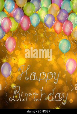 Alles gute zum Geburtstag. Aquarell handgezeichnete festliche Vorlage für Poster mit Regenbogenfarben Aquarell Luft fliegende Luftballons und Schriftzug auf Boke Stockfoto