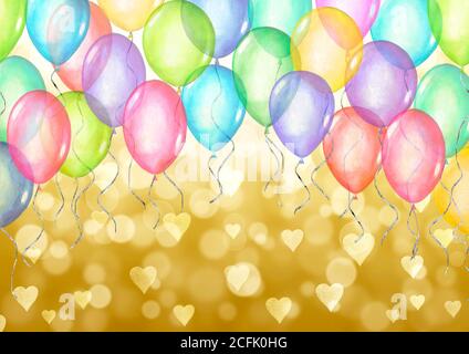 Alles gute für den Urlaub. Aquarell handgezeichnete festliche Vorlage für Poster mit Regenbogenfarben Aquarell Luft fliegende Luftballons auf gelben Bokeh backgr Stockfoto