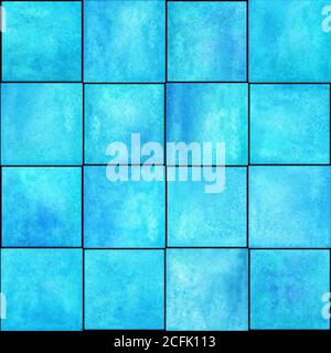 Abstraktes geometrisches Nahtmuster. Multicolor blautürkis türkis handgezeichnet Aquarell Kunstwerk mit einfachen Quadraten Formen Figuren. Wasserfarben-mosa Stockfoto
