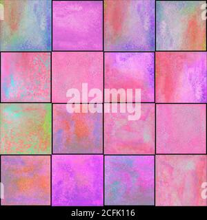 Abstraktes geometrisches Nahtmuster. Multicolor rosa magenta orange handgezeichnet Aquarell Kunstwerk mit einfachen Quadraten Formen Figuren. Wasserfarben-mosa Stockfoto