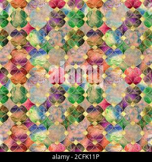 Nahtlose Aquarell hell bunt Gold Glitter abstrakte Textur. Aquarell handgezeichneter Grunge Hintergrund mit überlappenden Kreisen und goldenem Controu Stockfoto