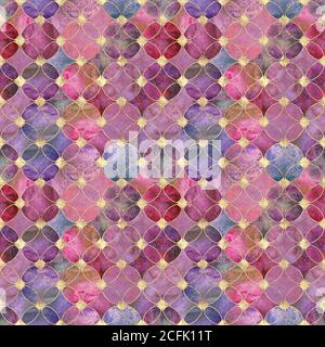 Nahtlose Aquarell bunte Gold Glitter abstrakte Textur. Aquarell handgezeichneter Grunge Hintergrund mit überlappenden Kreisen und goldener Kontur patte Stockfoto