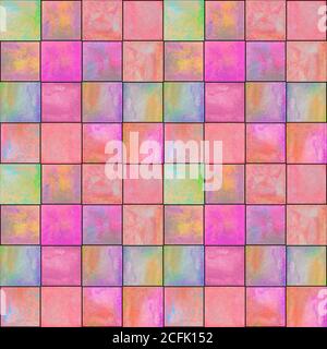 Abstraktes geometrisches Nahtmuster. Multicolor rosa magenta orange handgezeichnet Aquarell Kunstwerk mit einfachen Quadraten Formen Figuren. Aquarell-Shap Stockfoto