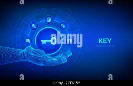 Schlüsselsymbol in der Roboterhand. Schlüsselwort. Schlüssel zum Erfolg oder zur Lösung. Schlüsselfertiges Lösungs- und Service-Technologiekonzept auf virtuellem Bildschirm. Vektorgrafik Stock Vektor