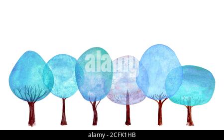 Winter Bäume Hintergrund. Aquarell Cartoon blau bunt frisch überlappenden Baum Sammlung auf weißem Hintergrund isoliert. Aquarell handgezeichnet botan Stockfoto