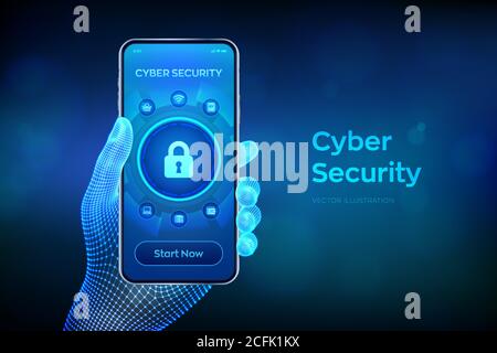 Cyber-Sicherheit. Datenschutzkonzept auf virtuellem Bildschirm. Vorhängeschloss mit Schlüssellochsymbol. Datenschutz und Sicherheit im Internet. Antivirenschnittstelle. Nahaufnahme Stock Vektor