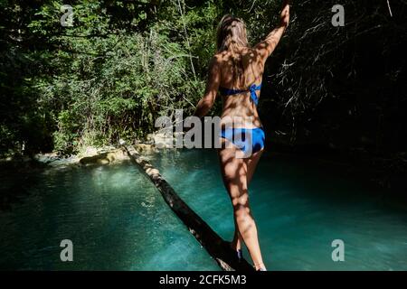 Rückansicht einer anonymen Reisenden Frau im Bikini, die am Baumstamm entlang geht und den See überquert Stockfoto