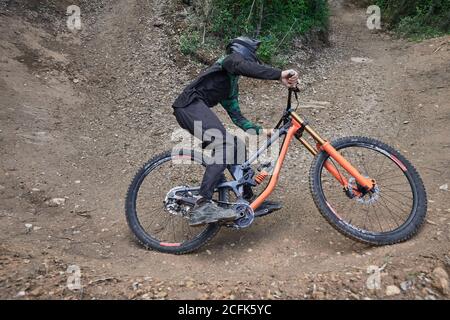 Männlicher Radfahrer auf dem Fahrrad für bergab fahren auf sandigen Weg Und die Durchführung extremer Trick in Wäldern Stockfoto