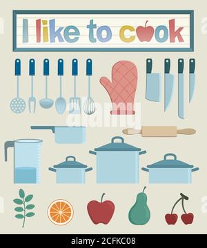 Set mit verschiedenen Illustrationen von Kochutensilien. Aufläufe, Messer, eine Rolle und ein Küchenhandschuh, ... alles, was Sie brauchen, wenn Sie gerne kochen. Stock Vektor