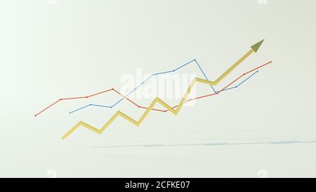 3d-Rendering von Finanzdaten steigende Grafik wächst, Diagramm Unternehmenswachstum auf weißem Hintergrund, Blau rot und Gold Stockfoto