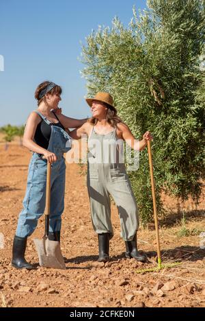 Weibchen Bauern in Sonnenhut mit Rechen auf dem Boden des Feldes Während der Zusammenarbeit im Dorf im Sommer Stockfoto